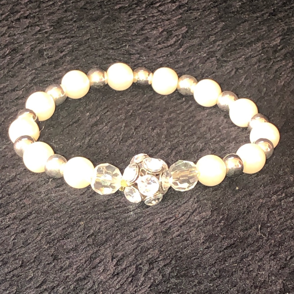 $1 Add On - White Silver Clear Beaded Stretch Bracelet